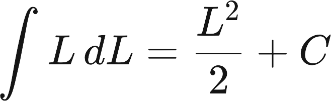 The integral of L with respect to L equals L squared over 2, plus C