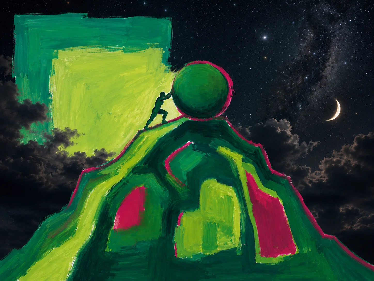 A painted figure pushing a boulder up a steep hill under a starry night sky, in greens and magenta.